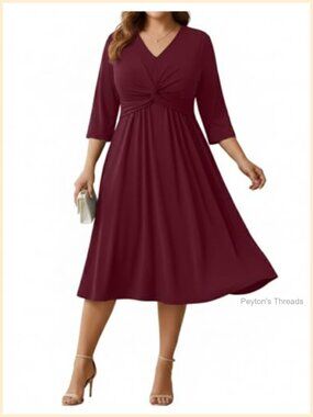 Plus Size Midi Dress V Neck 3/4 Sleeve A Line Front Knot Wedding Guest